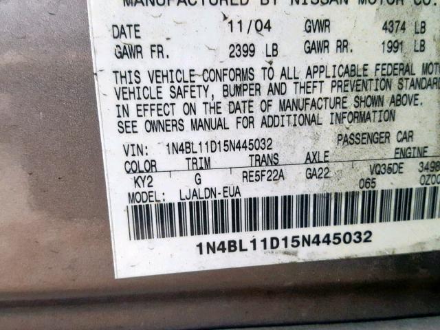 1N4BL11D15N445032 - 2005 NISSAN ALTIMA SE GRAY photo 10