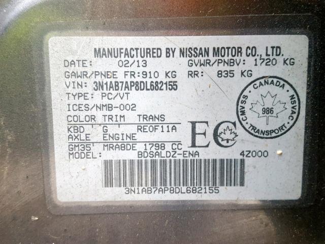 3N1AB7AP8DL682155 - 2013 NISSAN SENTRA S GRAY photo 10