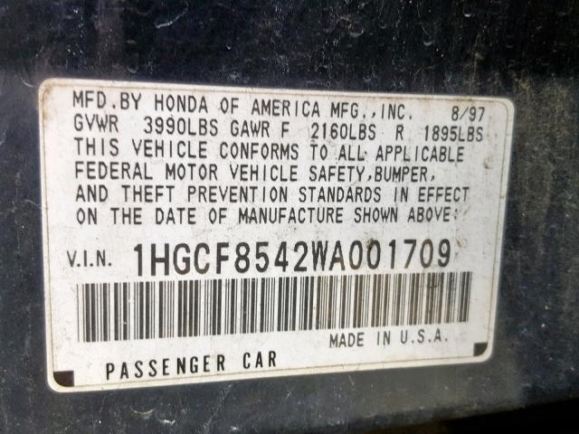 1HGCF8542WA001709 - 1998 HONDA ACCORD DX BLUE photo 10