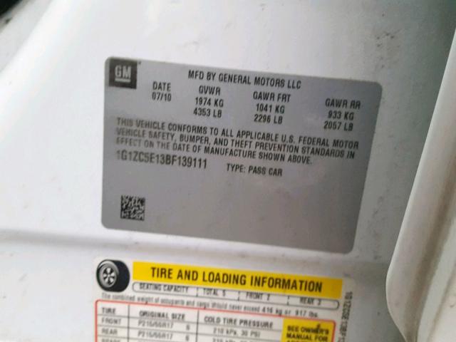 1G1ZC5E13BF139111 - 2011 CHEVROLET MALIBU 1LT WHITE photo 10