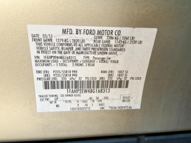 1FAHP2EW4BG168313 - 2011 FORD TAURUS SEL GOLD photo 10