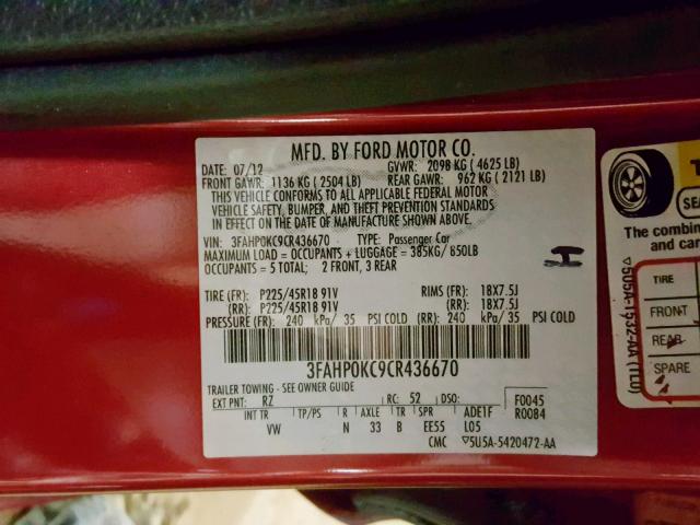 3FAHP0KC9CR436670 - 2012 FORD FUSION SPO RED photo 10