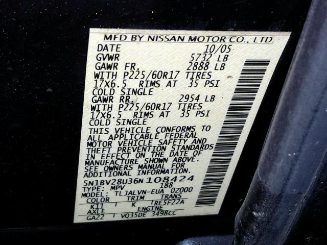 5N1BV28U36N108424 - 2006 NISSAN QUEST S CHARCOAL photo 10