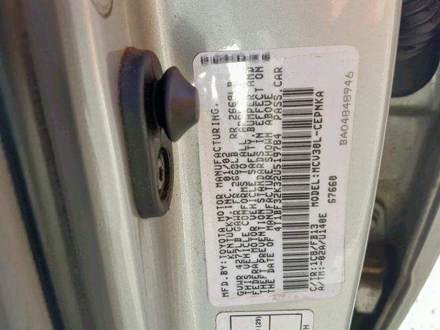 4T1BF32K32U519784 - 2002 TOYOTA CAMRY LE 银色 照片 10