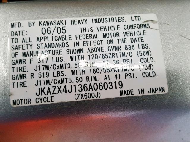 JKAZX4J136A060319 - 2006 KAWASAKI ZX600 J1 GRAY photo 10