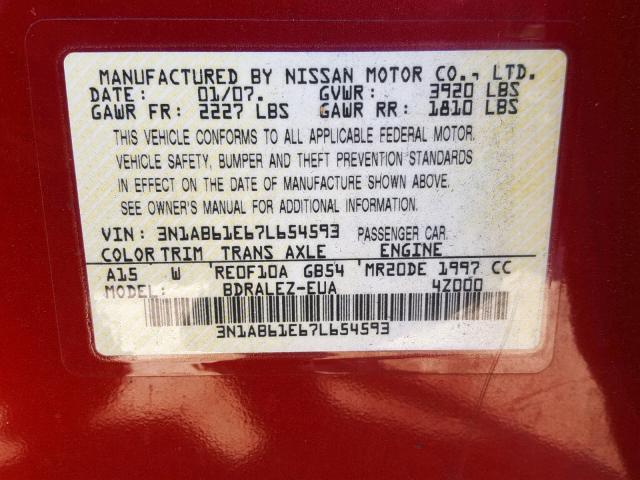 3N1AB61E67L654593 - 2007 NISSAN SENTRA 2.0 RED photo 10