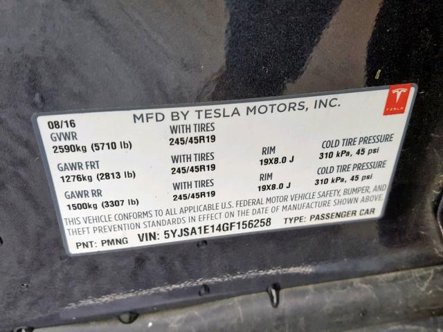 5YJSA1E14GF156258 - 2016 TESLA MODEL S GRAY photo 10