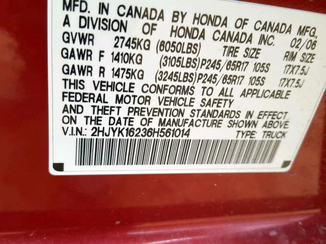 2HJYK16236H561014 - 2006 HONDA RIDGELINE RED photo 10