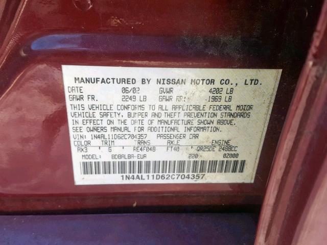 1N4AL11D62C704357 - 2002 NISSAN ALTIMA BAS 勃艮第红 照片 10