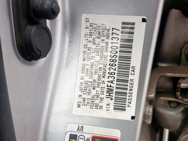 JHMFA36268S001377 - 2008 HONDA CIVIC HYBR SILVER photo 10