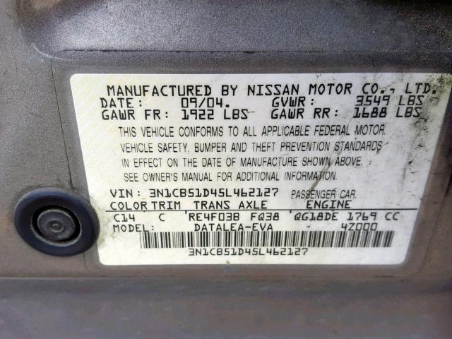 3N1CB51D45L462127 - 2005 NISSAN SENTRA 1.8 BEIGE photo 10