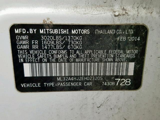 ML32A4HJ2EH023205 - 2014 MITSUBISHI MIRAGE ES WHITE photo 10