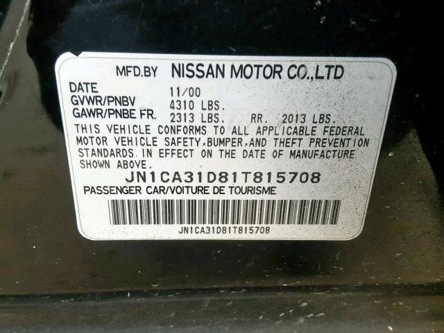 JN1CA31D81T815708 - 2001 NISSAN MAXIMA GXE BLACK photo 10