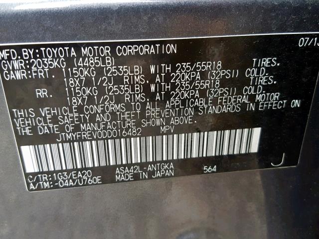 JTMYFREV0DD016482 - 2013 TOYOTA RAV4 LIMIT GRAY photo 10