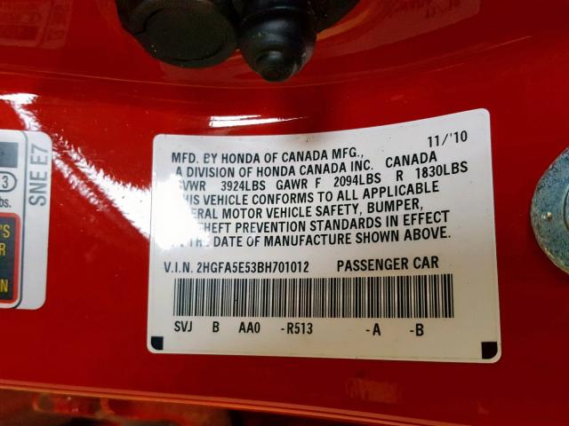 2HGFA5E53BH701012 - 2011 HONDA CIVIC SI RED photo 10