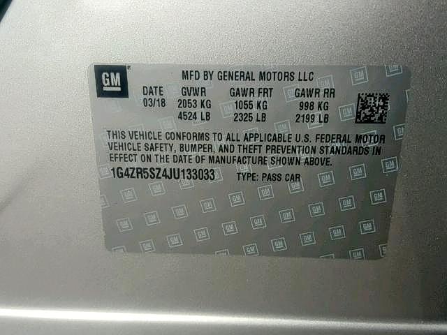 1G4ZR5SZ4JU133033 - 2018 BUICK LACROSSE P SILVER photo 10