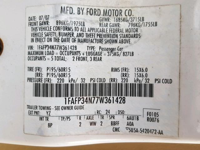 1FAFP34N77W361428 - 2007 FORD FOCUS ZX4 WHITE photo 10