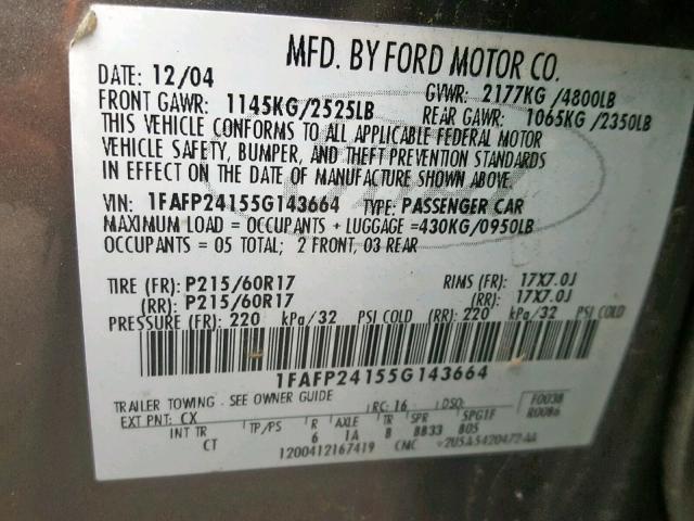 1FAFP24155G143664 - 2005 FORD FIVE HUNDR 灰色 照片 10