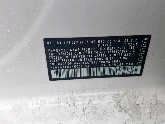 3VW447AU4HM008754 - 2017 VOLKSWAGEN GTI S/SE WHITE photo 10