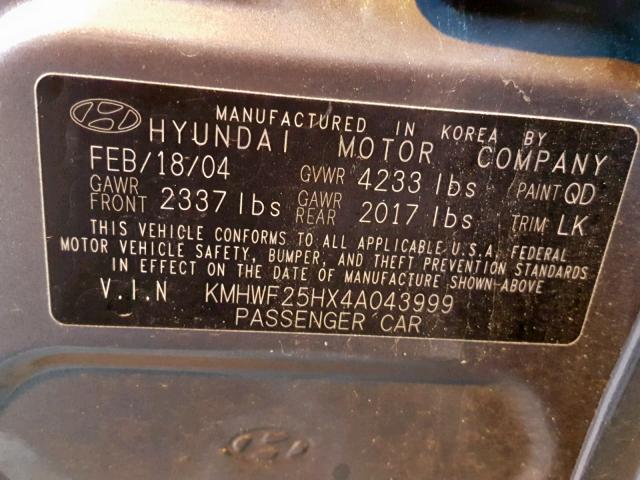 KMHWF25HX4A043999 - 2004 HYUNDAI SONATA GL GRAY photo 10