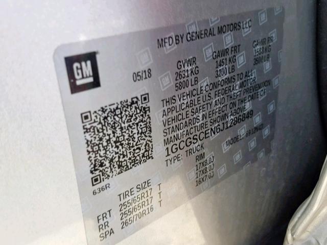 1GCGSCEN6J1286849 - 2018 CHEVROLET COLORADO L SILVER photo 10