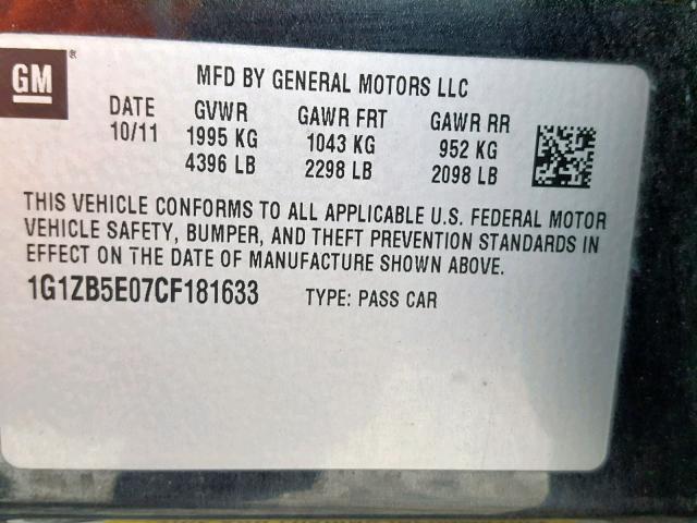 1G1ZB5E07CF181633 - 2012 CHEVROLET MALIBU LS გრაფიტი ფოტო 10