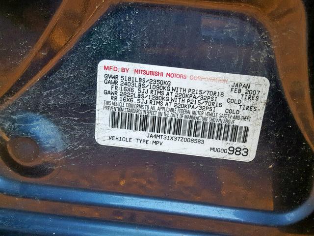 JA4MT31X37Z008583 - 2007 MITSUBISHI OUTLANDER BLUE photo 10