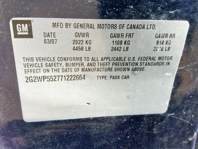 2G2WP552771222664 - 2007 PONTIAC GRAND PRIX BLUE photo 10