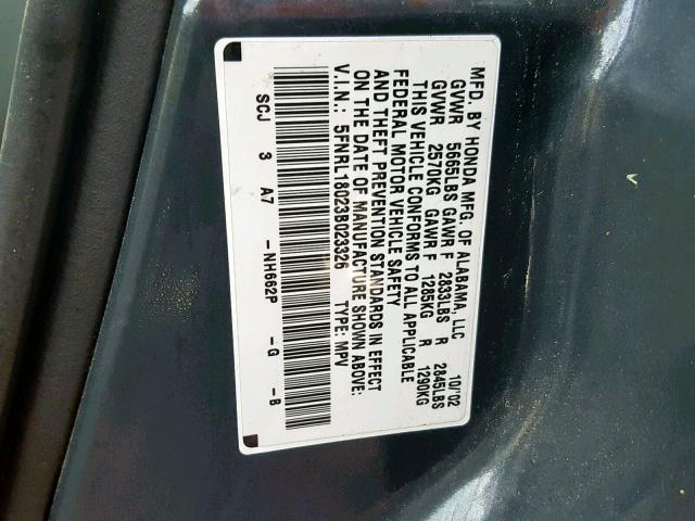 5FNRL18023B023326 - 2003 HONDA ODYSSEY EX 蓝色 照片 10