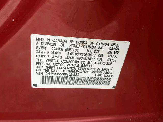 2HJYK16536H521882 - 2006 HONDA RIDGELINE RED photo 10