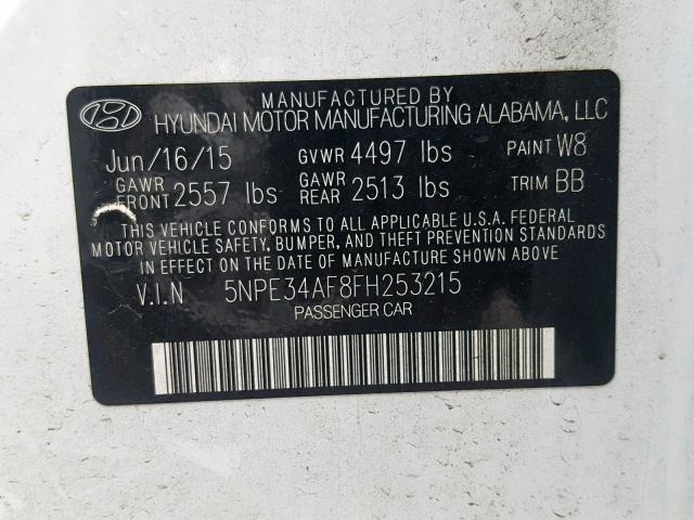 5NPE34AF8FH253215 - 2015 HYUNDAI SONATA SPO WHITE photo 10