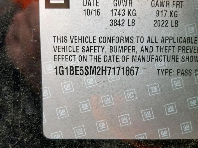 1G1BE5SM2H7171867 - 2017 CHEVROLET CRUZE LT BLACK photo 10