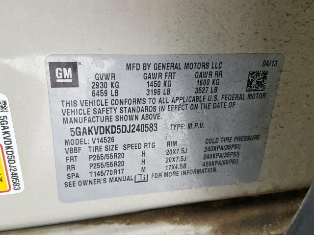 5GAKVDKD5DJ240583 - 2013 BUICK ENCLAVE TAN photo 10