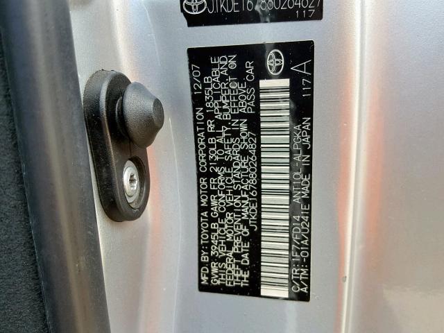 JTKDE167880264827 - 2008 TOYOTA SCION TC SILVER photo 10