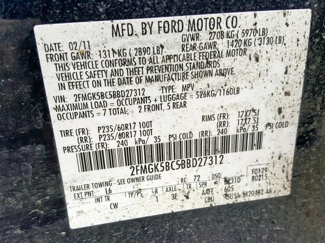 2FMGK5BC5BBD27312 - 2011 FORD FLEX SE BLUE photo 10