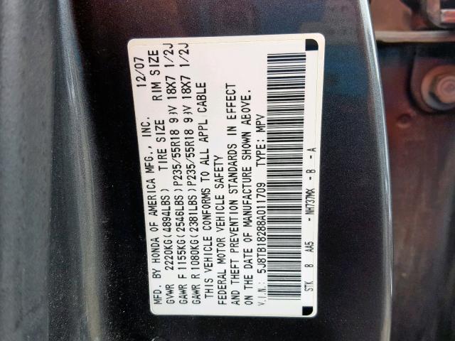 5J8TB18288A011709 - 2008 ACURA RDX GRAY photo 10