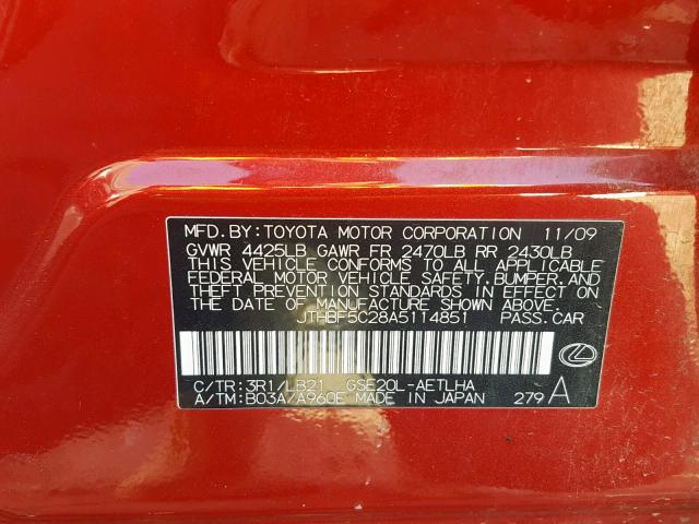 JTHBF5C28A5114851 - 2010 LEXUS IS 250 RED photo 10