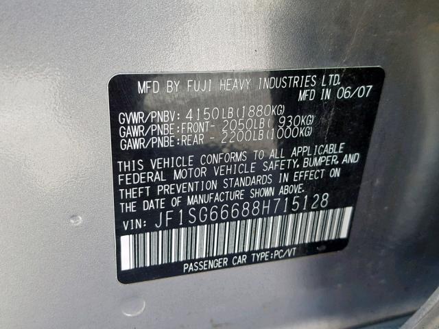 JF1SG66688H715128 - 2008 SUBARU FORESTER S 银色 照片 10