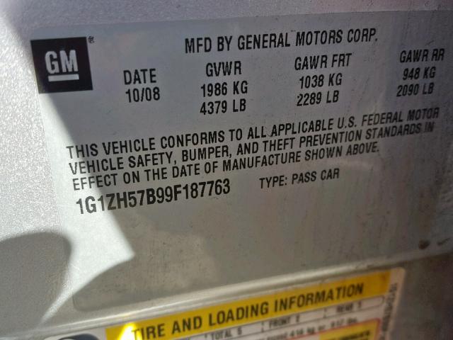 1G1ZH57B99F187763 - 2009 CHEVROLET MALIBU 1LT SILVER photo 10