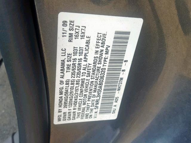 5FNRL3H55AB036320 - 2010 HONDA ODYSSEY EX GRAY photo 10