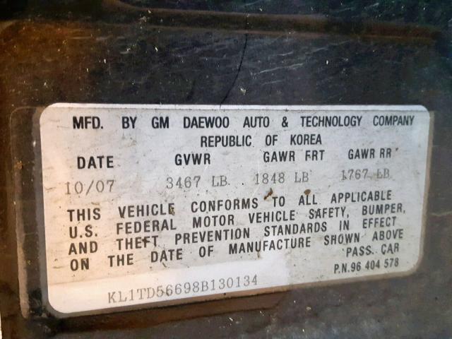 KL1TD56698B130134 - 2008 CHEVROLET AVEO BASE Қара фото 10