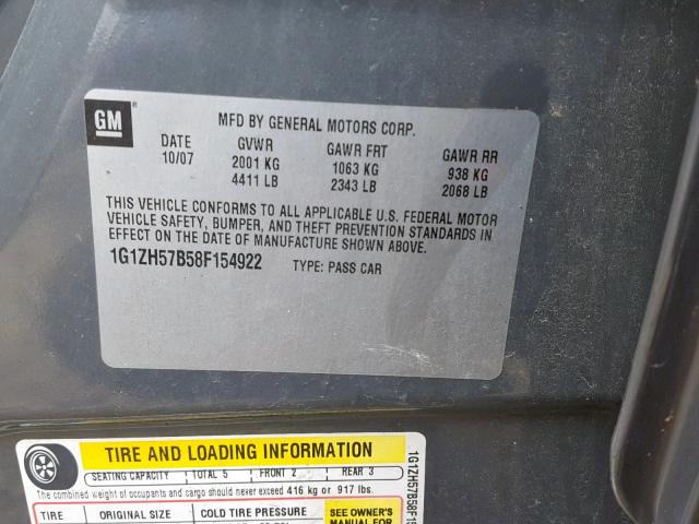 1G1ZH57B58F154922 - 2008 CHEVROLET MALIBU 1LT GRAY photo 10