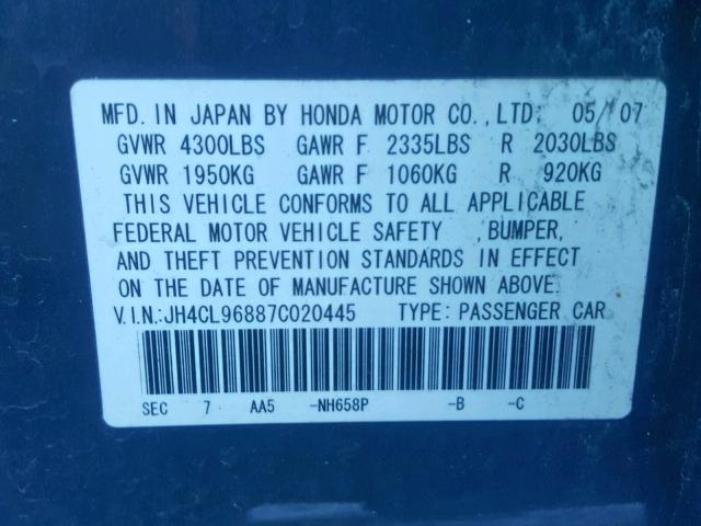 JH4CL96887C020445 - 2007 ACURA TSX GRAY photo 10