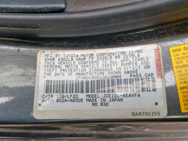 JTHBD182610019984 - 2001 LEXUS IS 300 GRAY photo 10