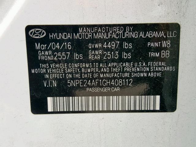 5NPE24AF1GH408112 - 2016 HYUNDAI SONATA SE WHITE photo 10