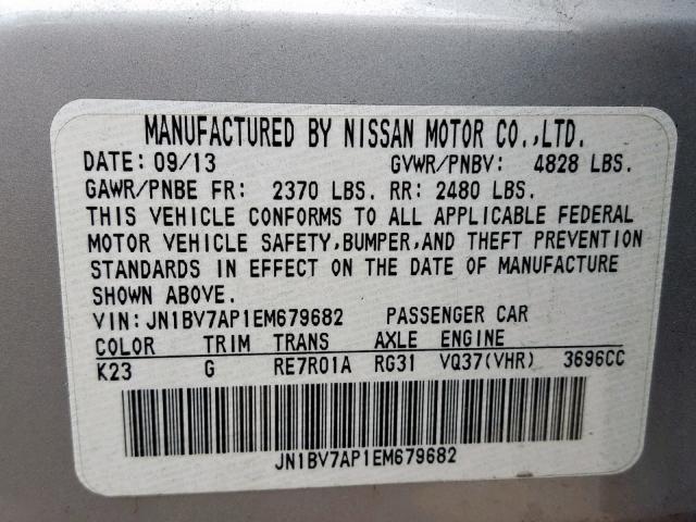 JN1BV7AP1EM679682 - 2014 INFINITI Q50 BASE SILVER photo 10