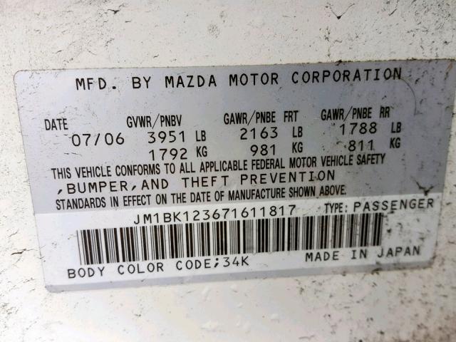 JM1BK123671611817 - 2007 MAZDA 3 S WHITE photo 10