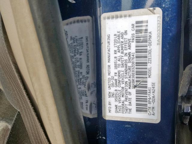 1NXBR38E83Z087641 - 2003 TOYOTA COROLLA CE BLUE photo 10