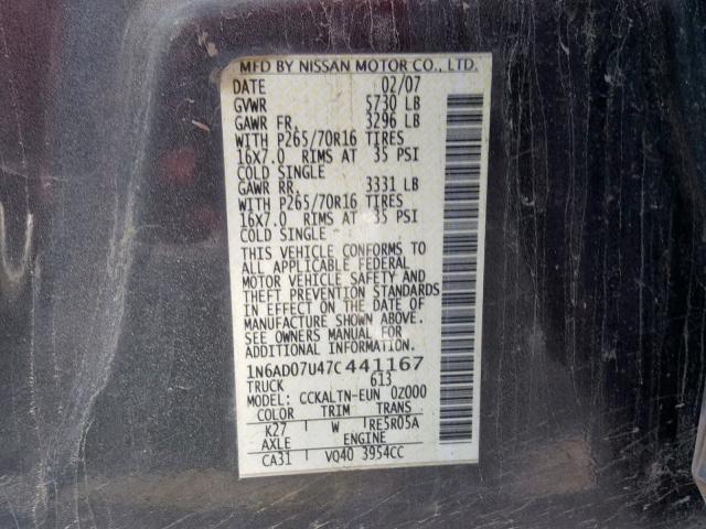 1N6AD07U47C441167 - 2007 NISSAN FRONTIER C CHARCOAL photo 10