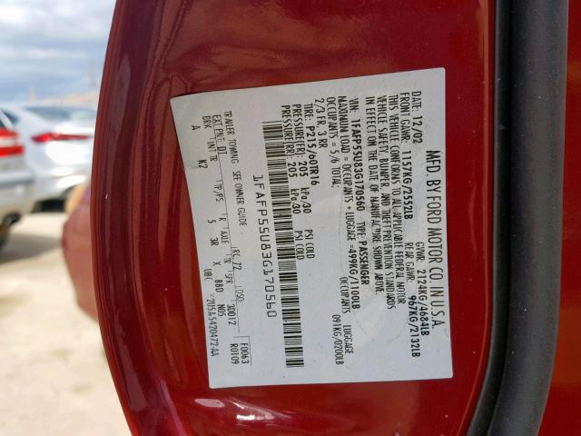 1FAFP55U83G170560 - 2003 FORD TAURUS SES RED photo 10